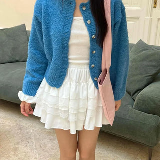 Boucle Round Neck Crop Knit Cardigan