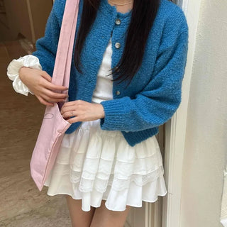 Boucle Round Neck Crop Knit Cardigan