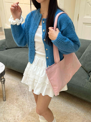 Boucle Round Neck Crop Knit Cardigan