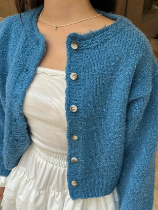 Boucle Round Neck Crop Knit Cardigan