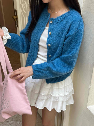 Boucle Round Neck Crop Knit Cardigan