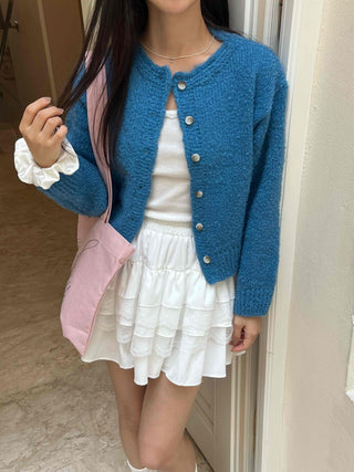 Boucle Round Neck Crop Knit Cardigan