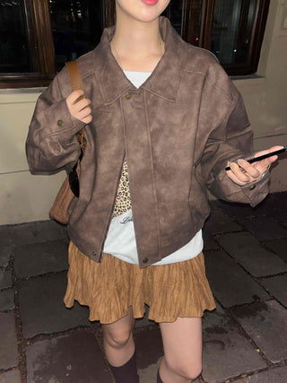 Oversized Suede Collar Leather Jacket