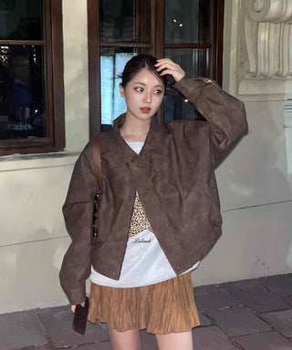 Oversized Suede Collar Leather Jacket
