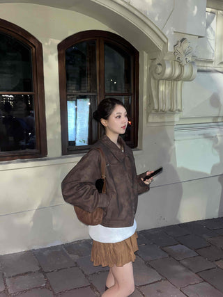 Oversized Suede Collar Leather Jacket