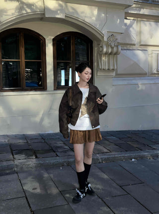 Oversized Suede Collar Leather Jacket