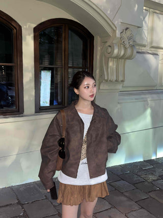 Oversized Suede Collar Leather Jacket