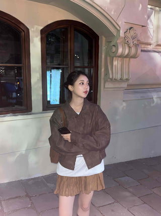 Oversized Suede Collar Leather Jacket