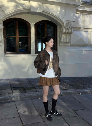 Oversized Suede Collar Leather Jacket