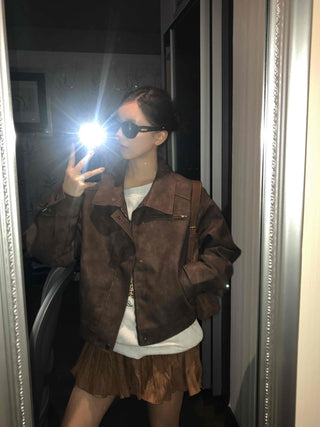 Oversized Suede Collar Leather Jacket