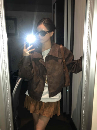 Oversized Suede Collar Leather Jacket
