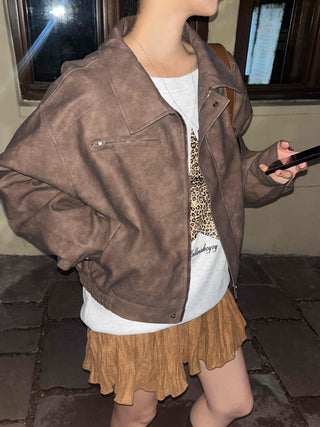 Oversized Suede Collar Leather Jacket