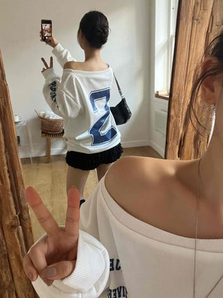 Casual Numbering Off-Shoulder Sweatshirt