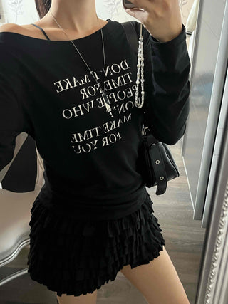 Minimal Lettering Off-Shoulder Long-Sleeve T-Shirt