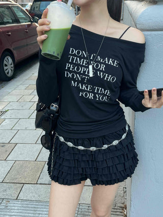 Minimal Lettering Off-Shoulder Long-Sleeve T-Shirt