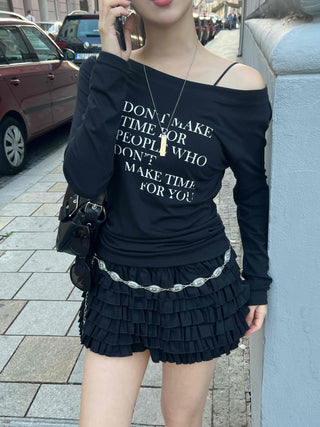 Minimal Lettering Off-Shoulder Long-Sleeve T-Shirt