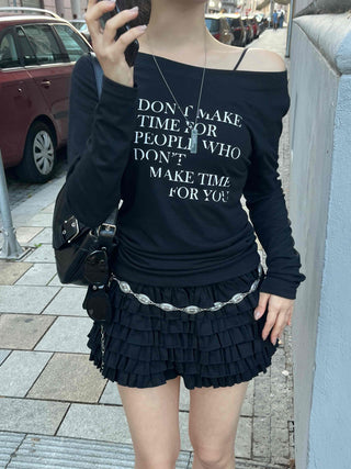 Minimal Lettering Off-Shoulder Long-Sleeve T-Shirt