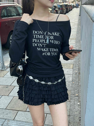 Minimal Lettering Off-Shoulder Long-Sleeve T-Shirt