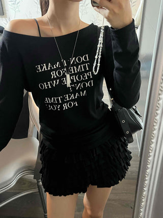 Minimal Lettering Off-Shoulder Long-Sleeve T-Shirt