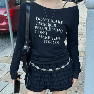 Minimal Lettering Off-Shoulder Long-Sleeve T-Shirt