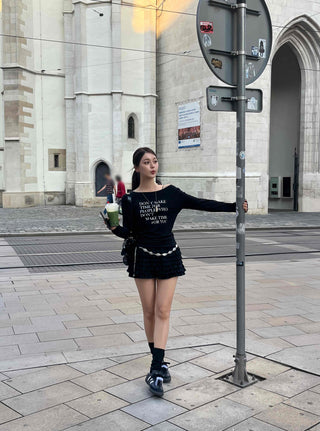 Minimal Lettering Off-Shoulder Long-Sleeve T-Shirt