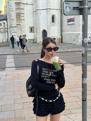 Minimal Lettering Off-Shoulder Long-Sleeve T-Shirt