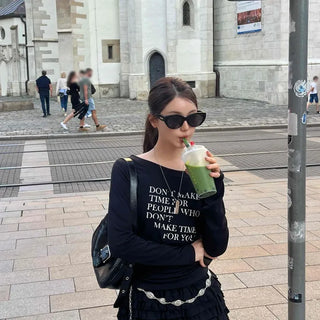 Minimal Lettering Off-Shoulder Long-Sleeve T-Shirt
