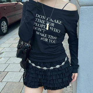 Minimal Lettering Off-Shoulder Long-Sleeve T-Shirt