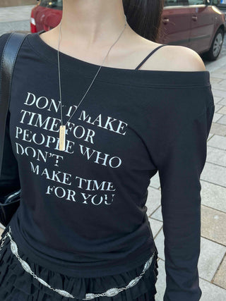 Minimal Lettering Off-Shoulder Long-Sleeve T-Shirt