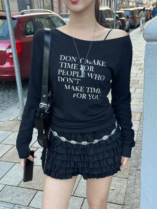 Minimal Lettering Off-Shoulder Long-Sleeve T-Shirt
