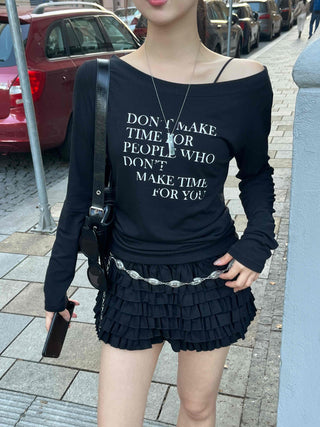 Minimal Lettering Off-Shoulder Long-Sleeve T-Shirt