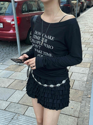 Minimal Lettering Off-Shoulder Long-Sleeve T-Shirt
