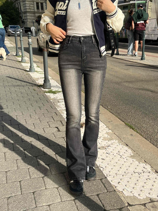 Washed Slim Fit Semi-Bootcut Denim Long Pants