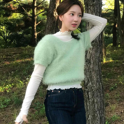 Pine Needle Feather Fur Short Sleeve Knit