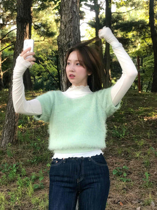 Pine Needle Feather Fur Short Sleeve Knit