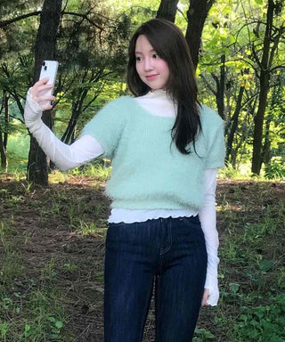 Pine Needle Feather Fur Short Sleeve Knit