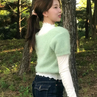 Pine Needle Feather Fur Short Sleeve Knit