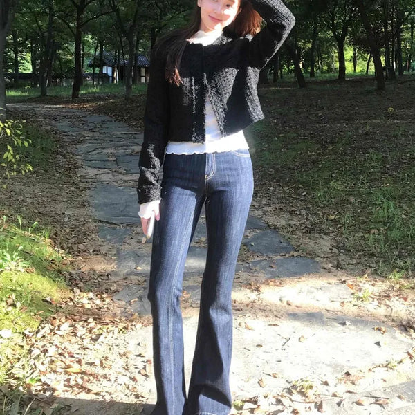 Dark Blue Formal Autumn Denim Long Pants
