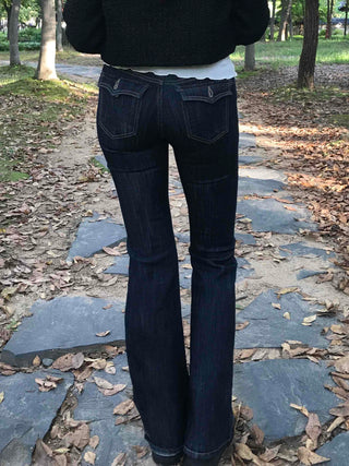 Dark Blue Formal Autumn Denim Long Pants