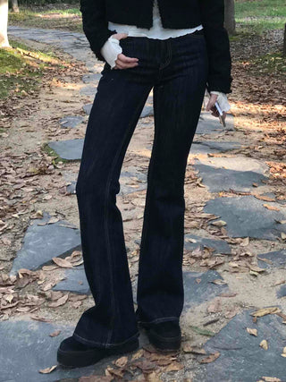 Dark Blue Formal Autumn Denim Long Pants