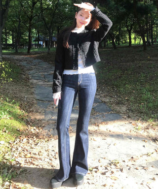 Dark Blue Formal Autumn Denim Long Pants