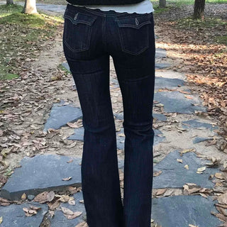 Dark Blue Formal Autumn Denim Long Pants