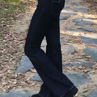 Dark Blue Formal Autumn Denim Long Pants