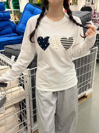 Hip Autumn Cotton Striped Heart Long Sleeve T-shirt