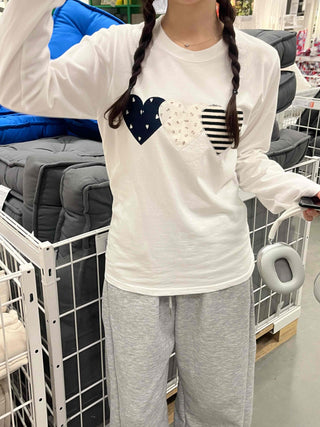 Hip Autumn Cotton Striped Heart Long Sleeve T-shirt