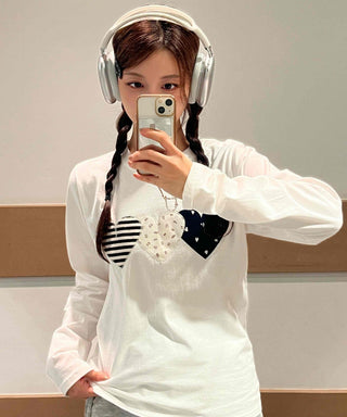 Hip Autumn Cotton Striped Heart Long Sleeve T-shirt