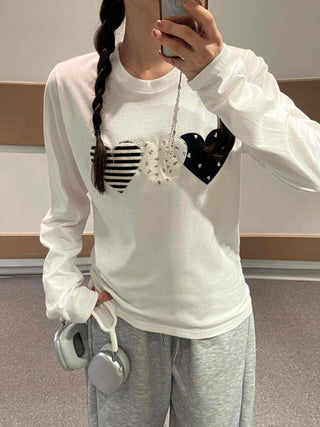Hip Autumn Cotton Striped Heart Long Sleeve T-shirt