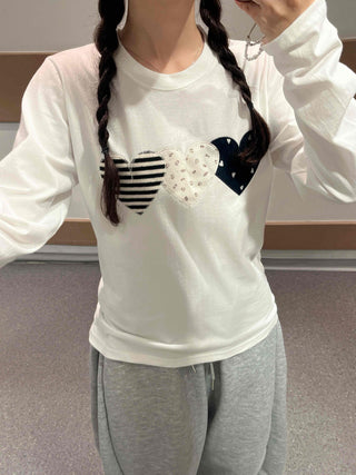 Hip Autumn Cotton Striped Heart Long Sleeve T-shirt