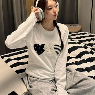 Hip Autumn Cotton Striped Heart Long Sleeve T-shirt