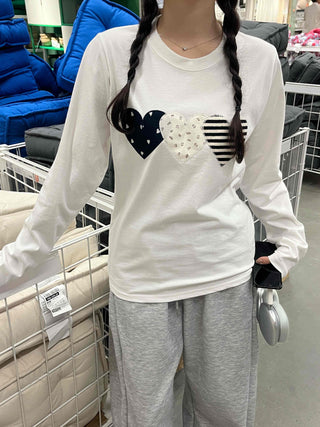 Hip Autumn Cotton Striped Heart Long Sleeve T-shirt